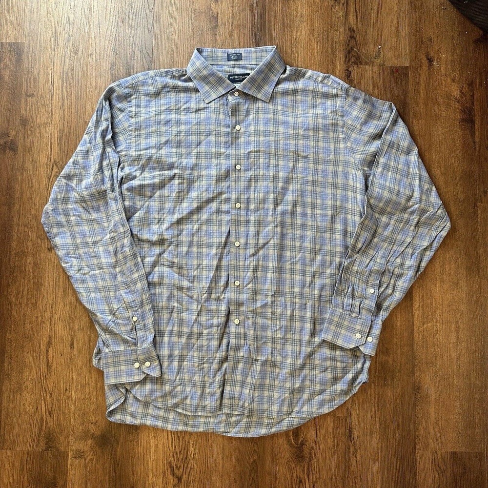 Peter Millar Mens‎ Shirt Size XXL Winter Soft Twill LS Button Beige Plaid Turkey